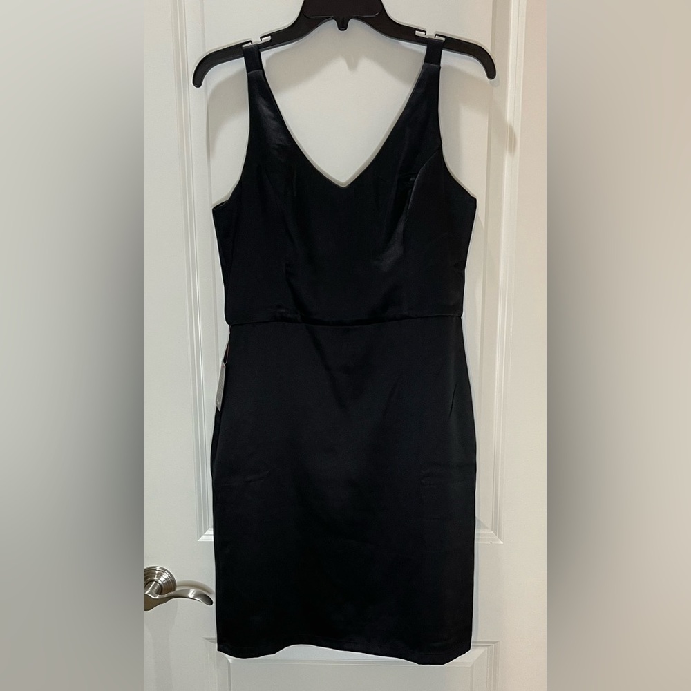 Bebe NWT Black Sheath Dress Prada Twill Gold Zipper Back Satin Finish Size M